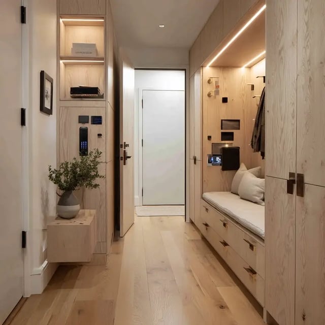 A narrow, modern mudroom or closet hallway is lined with sleek, full-height, light wood custom cabinetry and millwork, featuring a built-in bench with drawers and a small floating shelf with a plant.