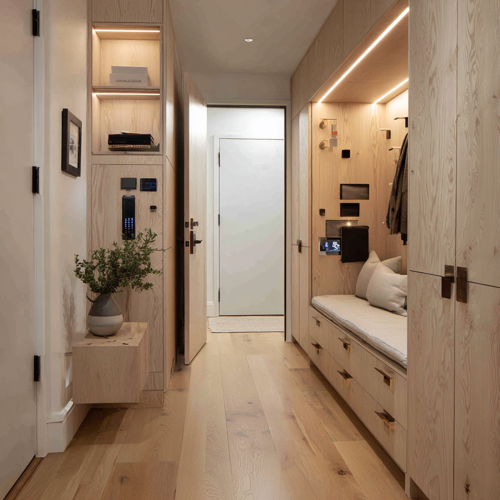 Sleek modern mudroom hallway with full-height light oak millwork, a built-in bench with integrated drawers, soft LED strip lighting, minimalist wall hooks, and wide-plank oak flooring, creating a warm Scandinavian-inspired design.