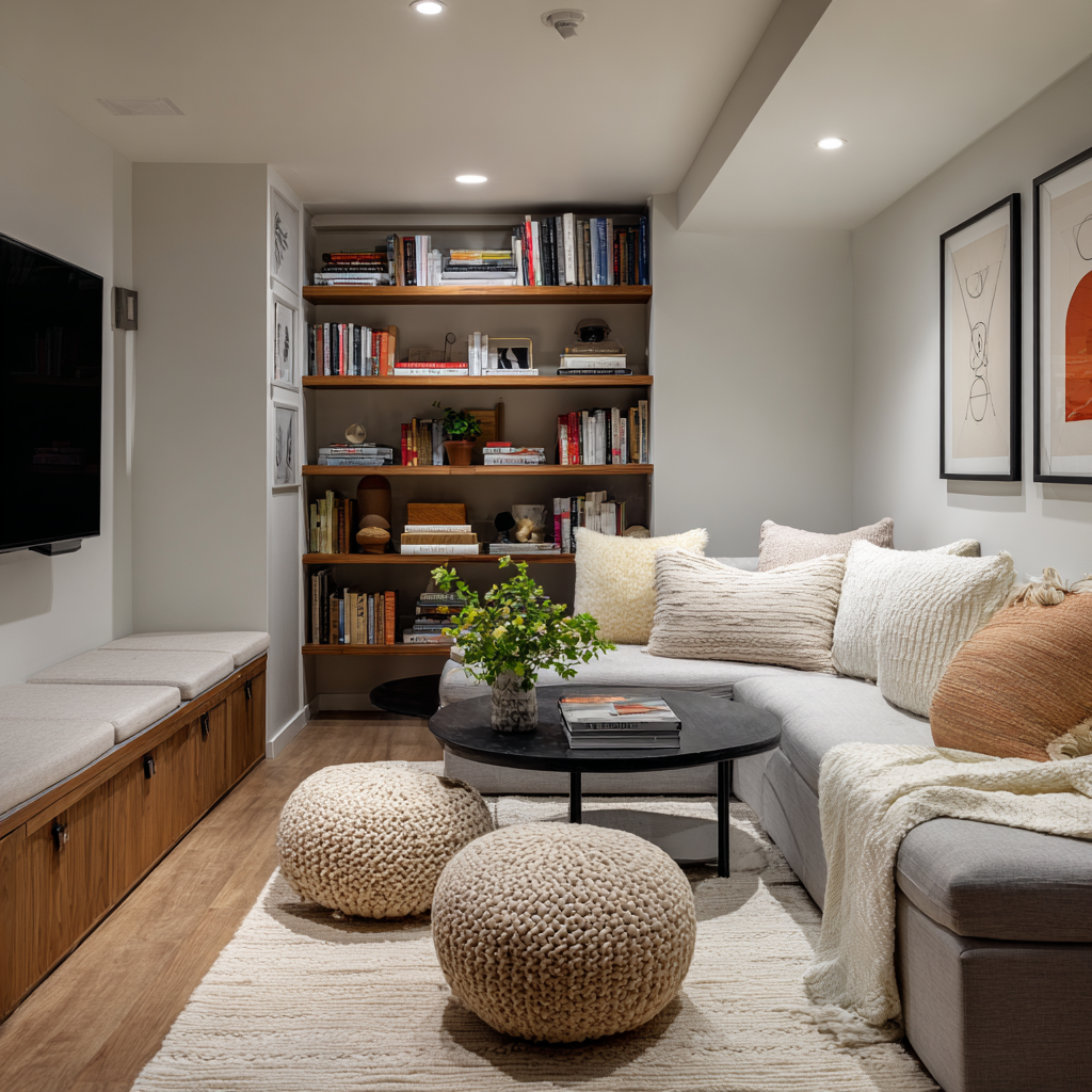 Cozy family room with a grey sectional and knit poufs.