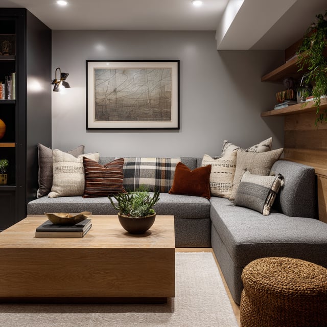 A cozy, compact basement family room is shown with a gray sectional sofa covered in various throw pillows, a large square wooden coffee table, built-in shelving, and warm lighting.
