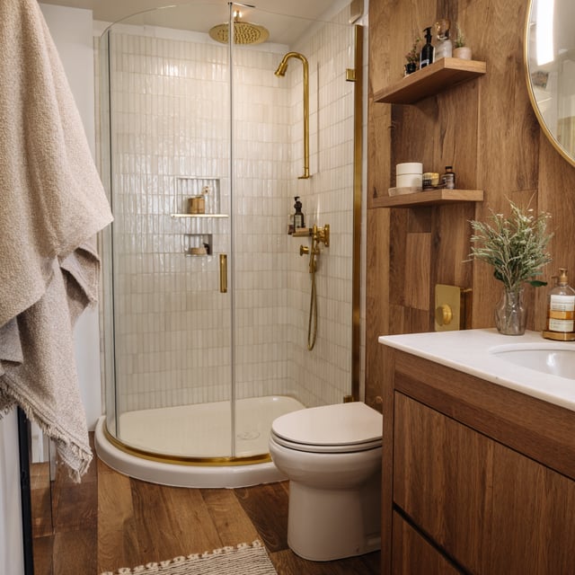  Compact bathroom with curved glass shower and wood accents.