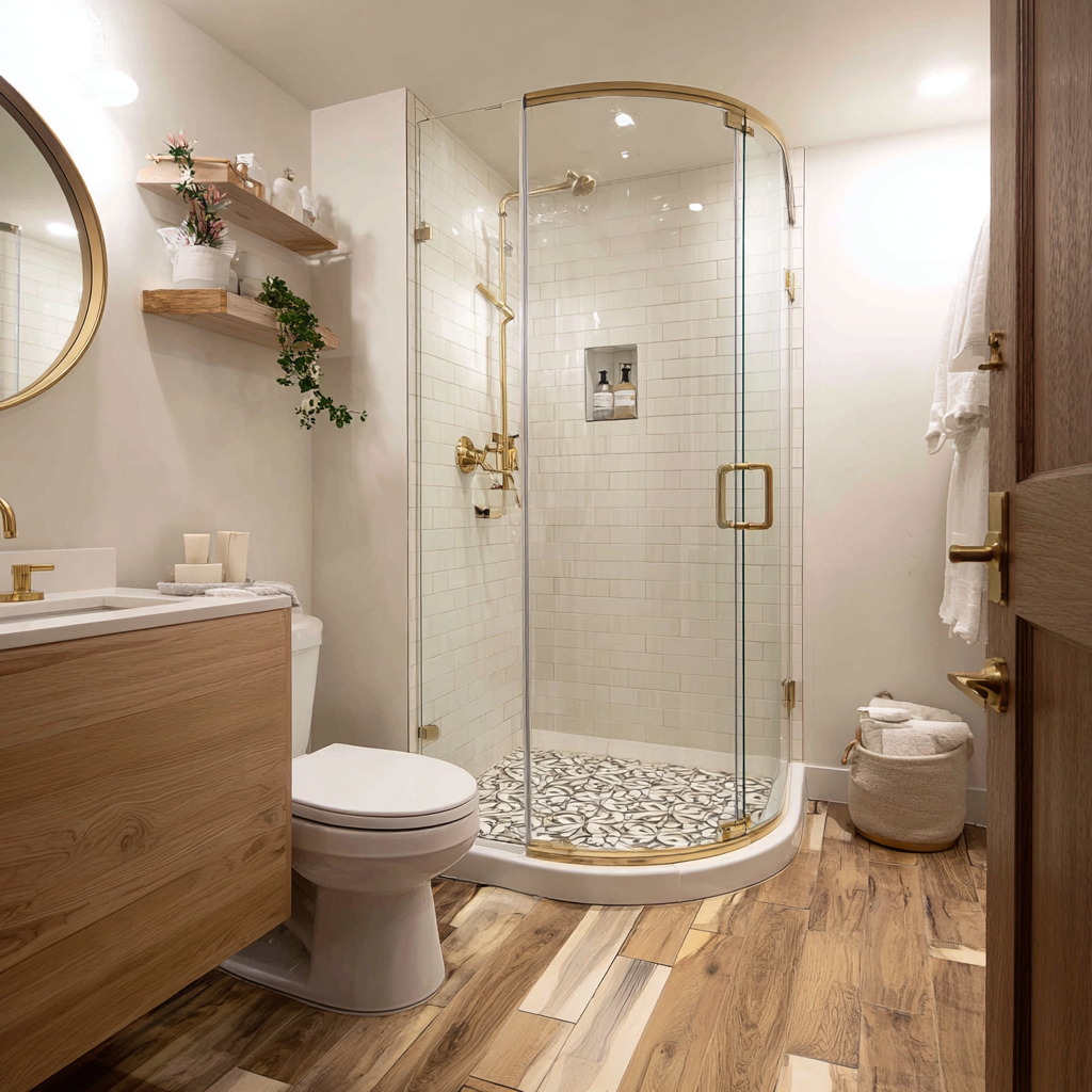 Compact modern bathroom featuring a curved corner walk-in shower with clear glass and brushed brass trim, white subway wall tiles, and a patterned mosaic shower floor. Light wood vanity and shelving add warmth, paired with a round mirror, brass fixtures, and wood-look flooring for a clean, spa-inspired feel.