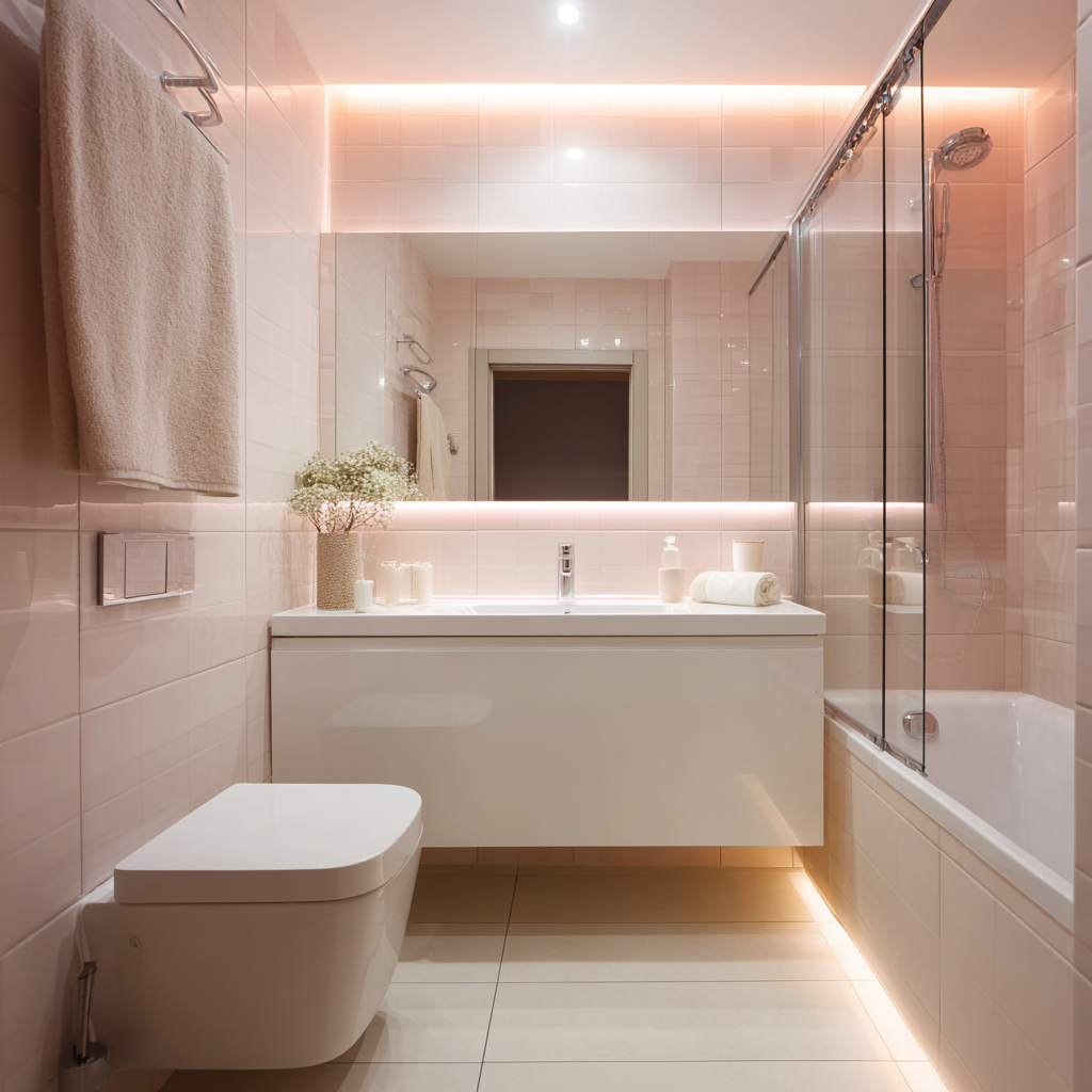 A compact bathroom with glowing cove-lit ceiling light