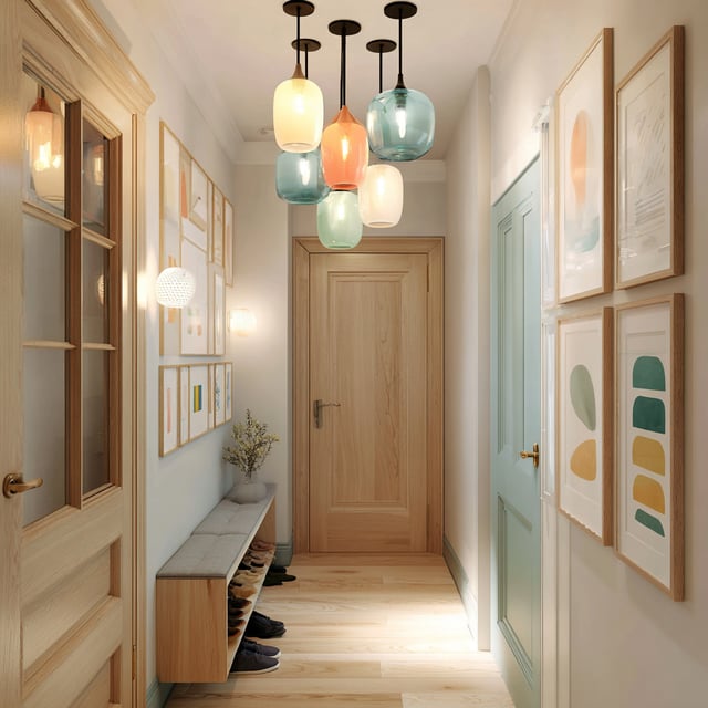 Bright hallway with pastel glass pendant lights and art.