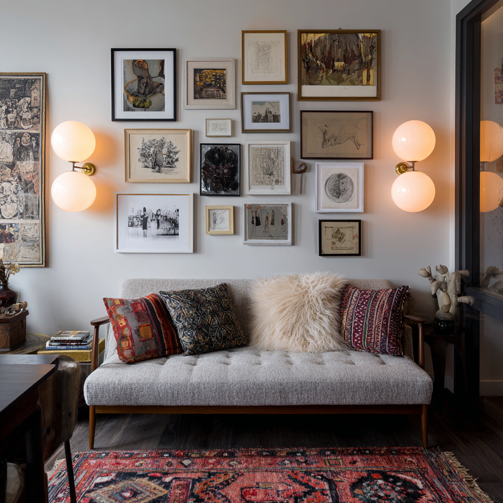 Cozy living room with a gallery wall and globe sconces.