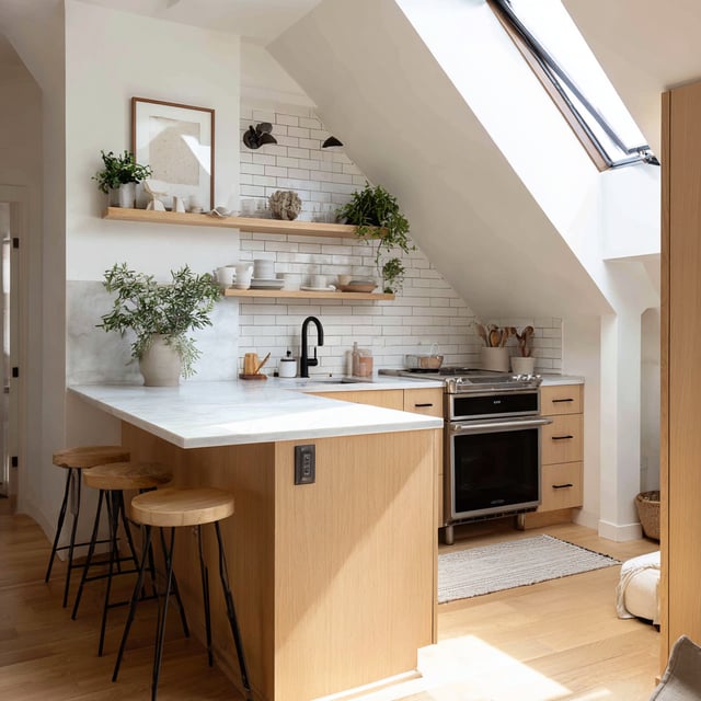 A compact modern A-frame kitchen features light wood cabinetry and flooring, a white marble countertop, a white subway tile backsplash, and natural light streaming in from an angled skylight.