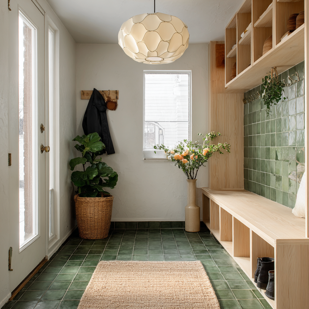 A compact mudroom with a blossom-shaped pendant light