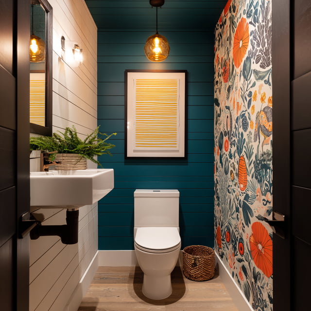 A compact washroom features a white shiplap wall with a console sink and mirror, contrasting with a deep teal shiplap wall behind the toilet, a vibrant floral wallpapered side wall, and a wood floor.