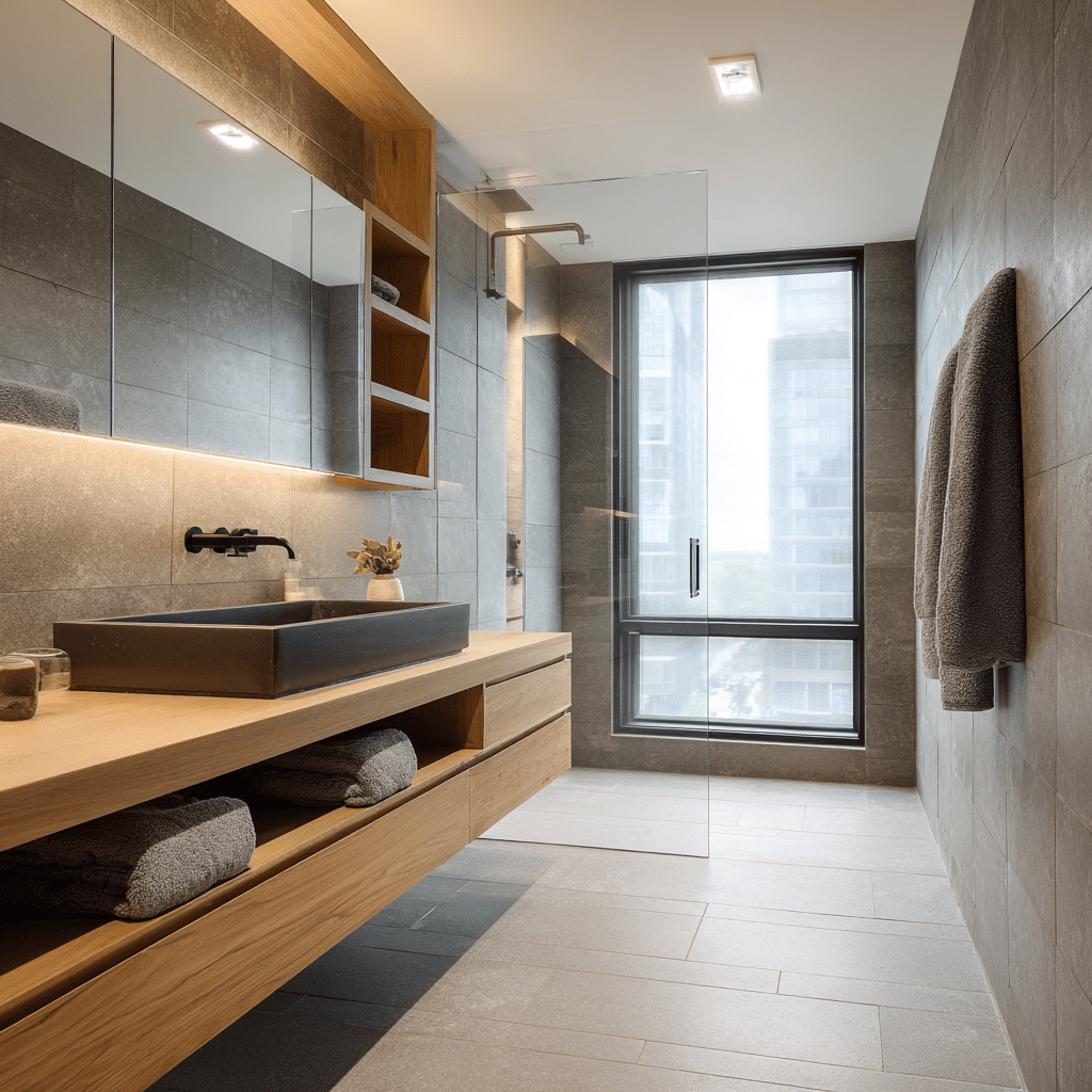 Modern bathroom with a wood vanity and large window.