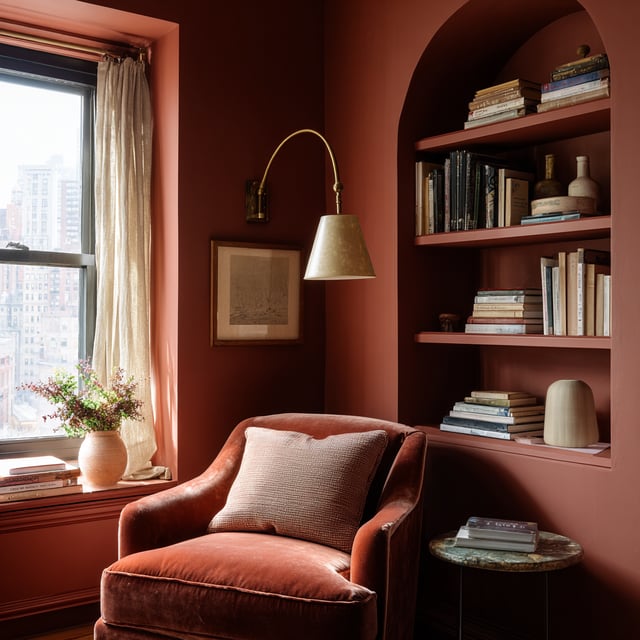 A cozy reading nook painted in a rich terracotta monochrome palette.