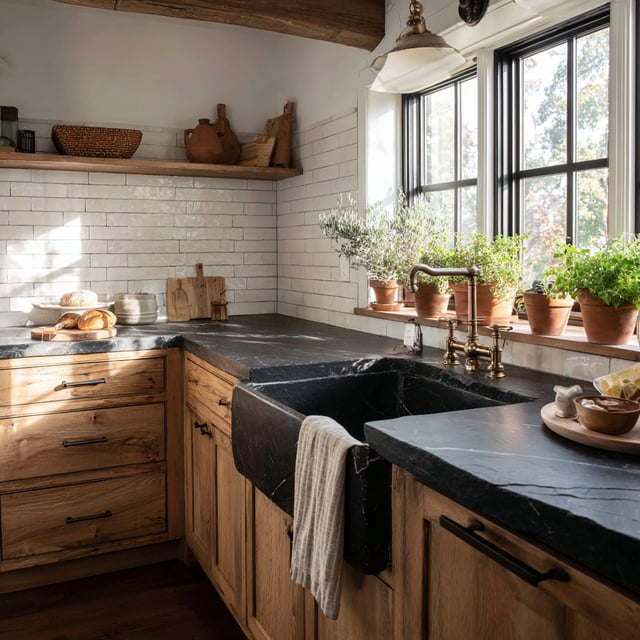 A cozy farmhouse kitchen features smooth charcoal soapstone countertops, a black farmhouse sink, natural wood cabinets, white subway tile backsplash, and a window sill full of potted herbs.