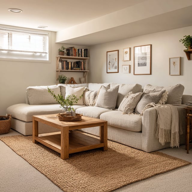 Cozy, finished basement living room with sectional sofa and rug.