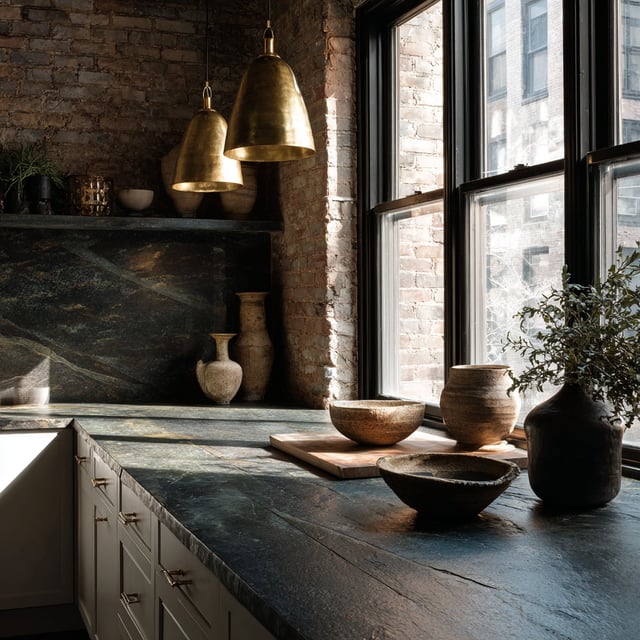Rustic kitchen with dark slate counters and brick walls.