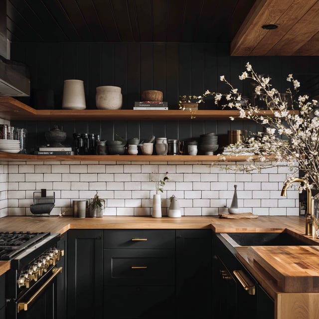 Black cabinets and a white tiled backsplash anchor a modern kitchen.