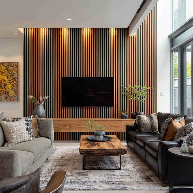 Modern living room featuring a vertical wood slat accent wall.