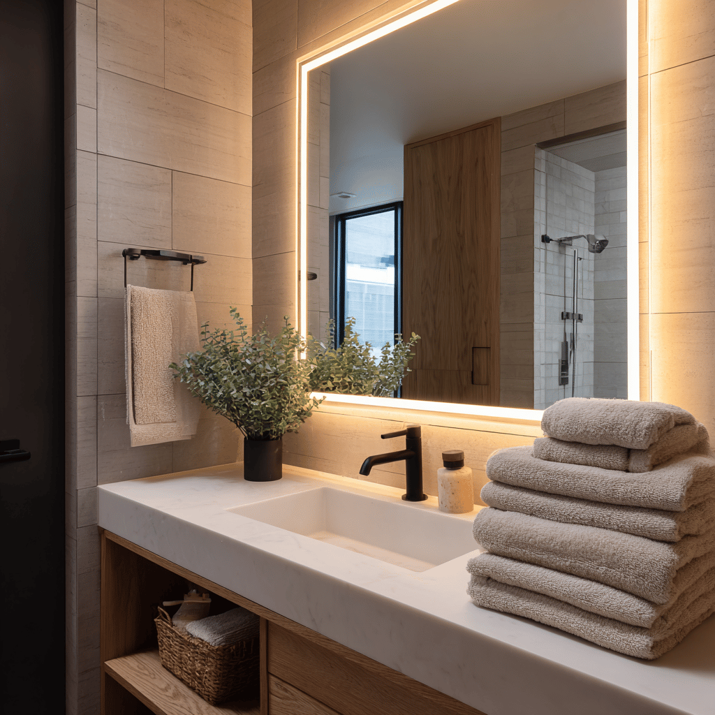 Modern bathroom with a backlit rectangular mirror.