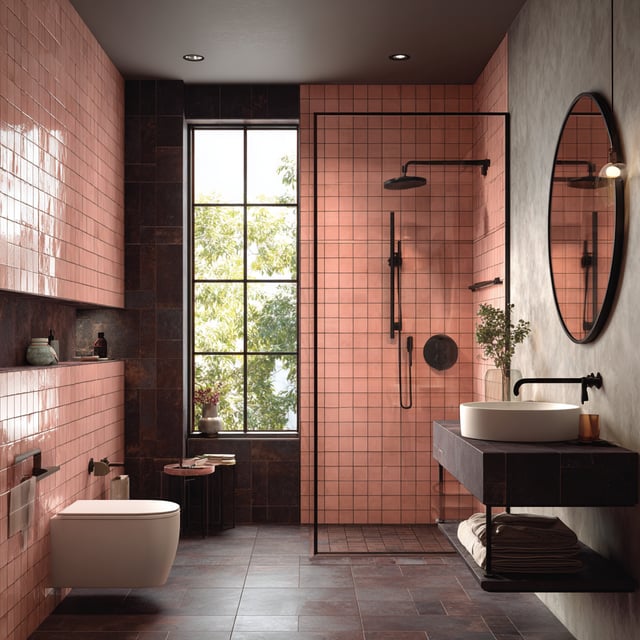 Modern bathroom with pink wall tiles and a large window.