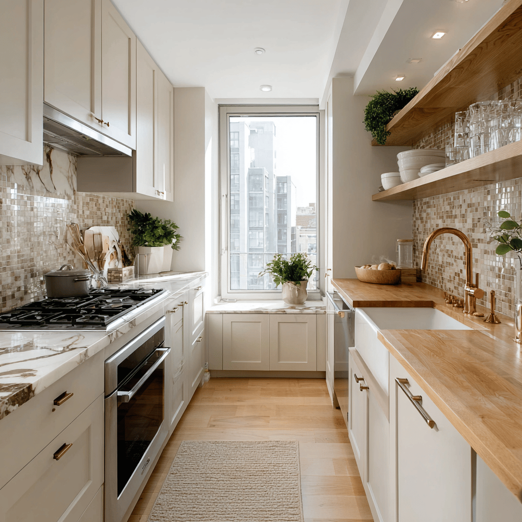 A narrow galley kitchen with light cabinetry, marble and wood countertops, and a large window at the end.