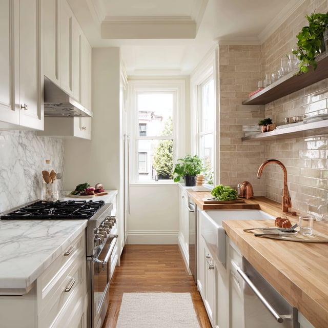 Narrow white galley kitchen with wood and marble countertops.