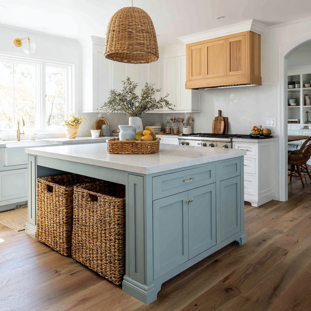 A large transitional kitchen with a pale blue island, woven pendant light, white cabinetry, and warm wood floors.