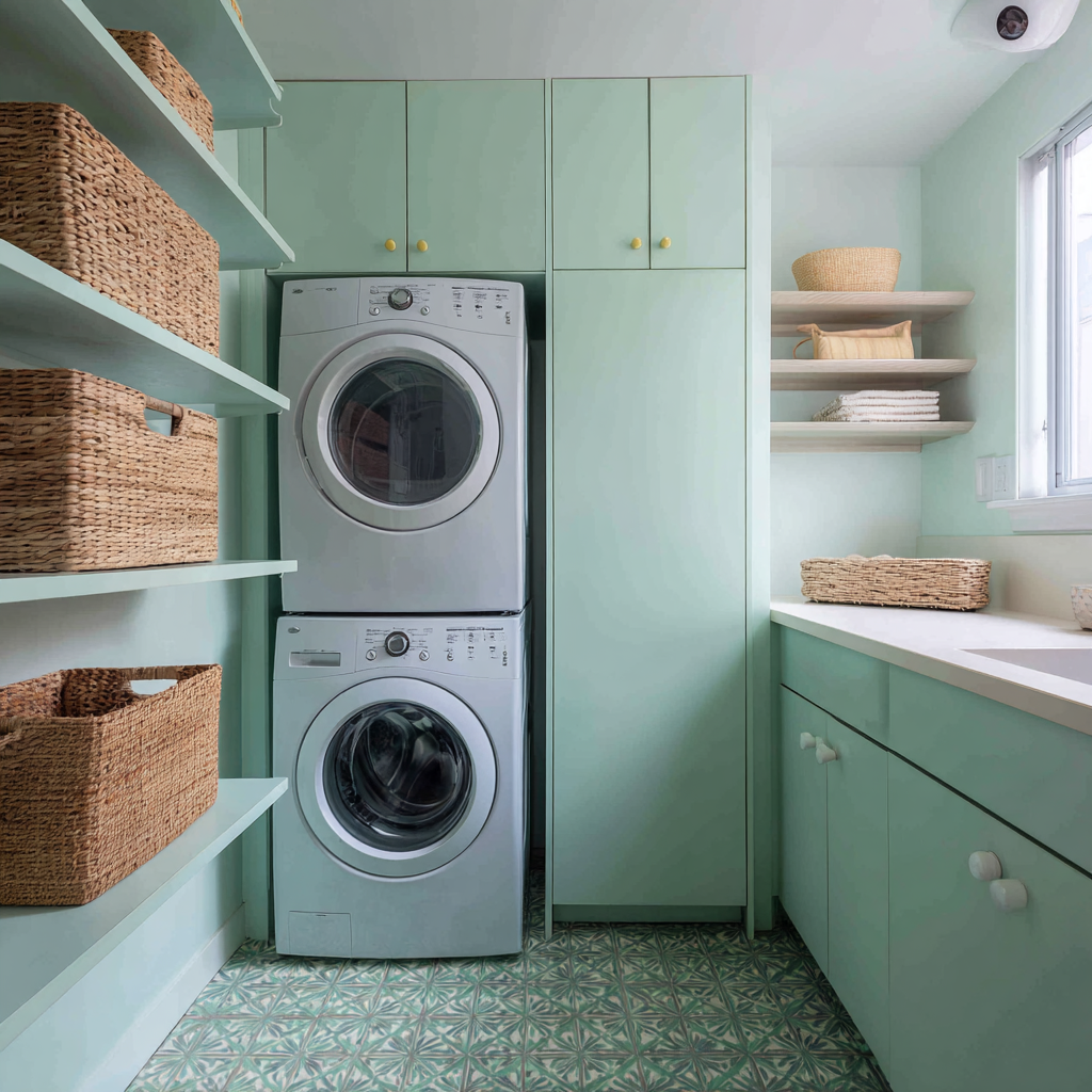 A laundry area drenched in mint green palette.