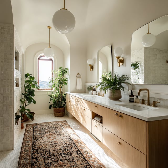Light-filled bathroom with wood vanity, arched window, and plants.