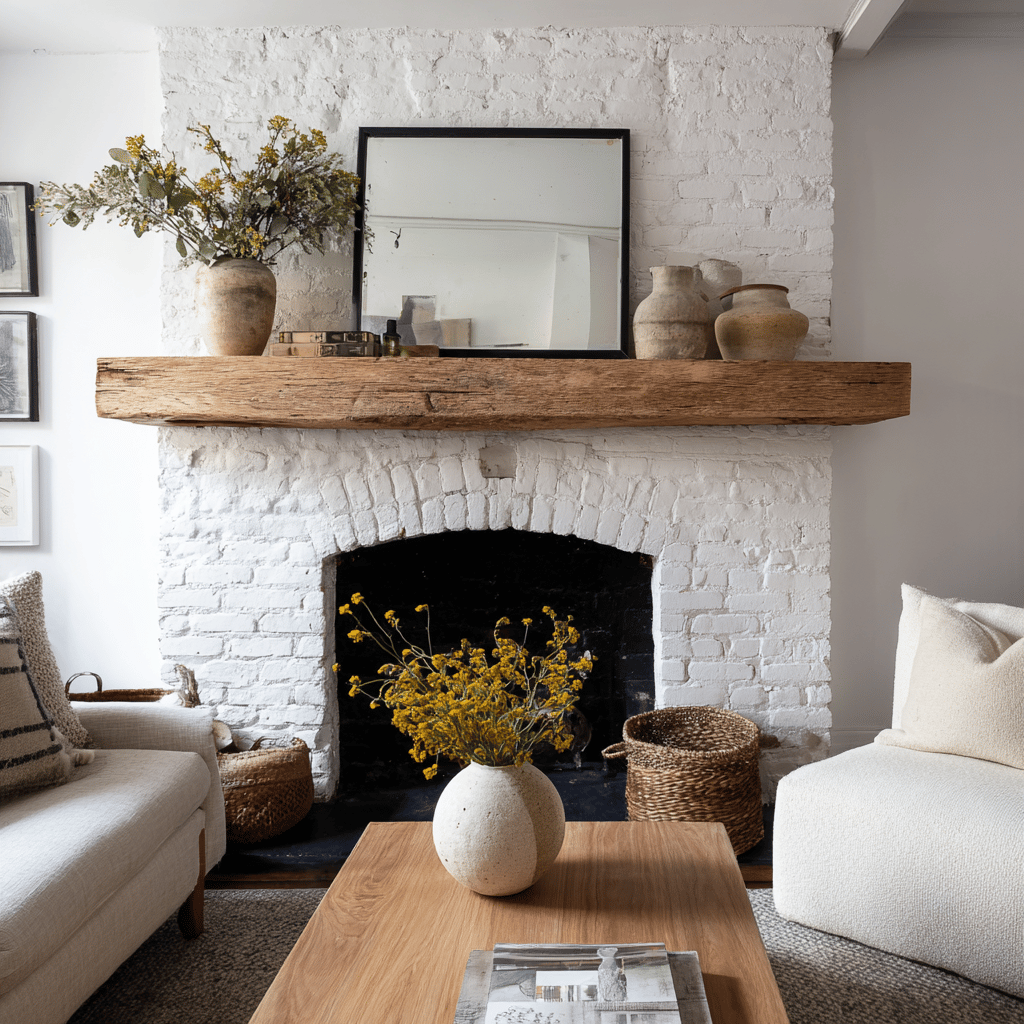 Cozy living room with a white brick fireplace and wood mantel.