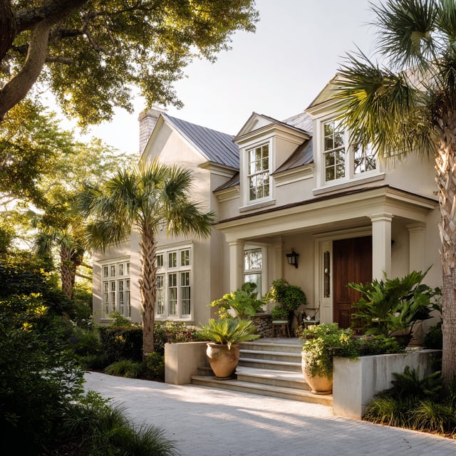 Elegant Southern home with tan stucco and lush palm trees.
