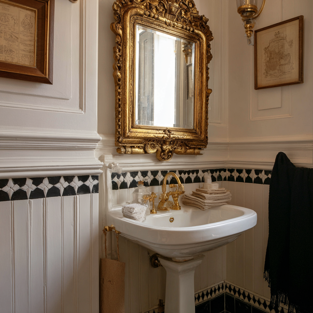 A luxurious, traditional bathroom features a white pedestal sink with an ornate gold-plated faucet, situated below a square mercury glass mirror with an equally ornate, heavily detailed gold frame, all set against a white wall with wainscoting and a black and white tiled border.