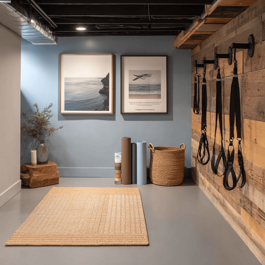 A mid-century modern basement home gym renovation featuring a blue accent wall, wood-paneled wall with suspension trainers, and exercise mats.