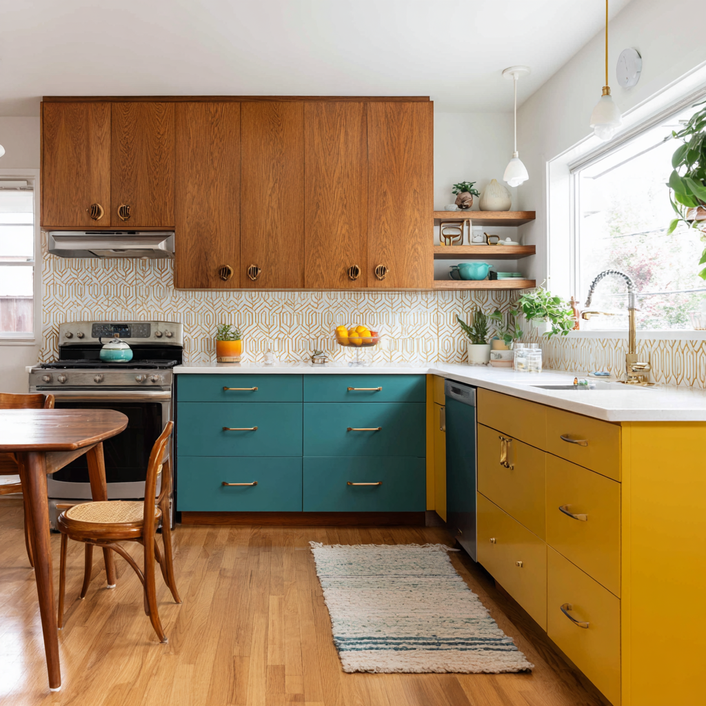 A cheerful mid-century modern kitchen with warm wood uppers, teal and mustard lower cabinets, geometric backsplash, and brass accents.