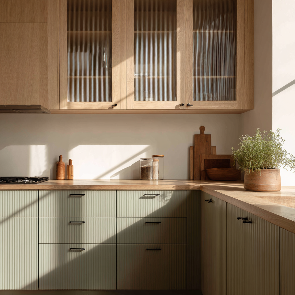 A minimalist Japandi kitchen with light wood cabinets, sage green ribbed drawers, warm wood countertops, and soft natural sunlight.