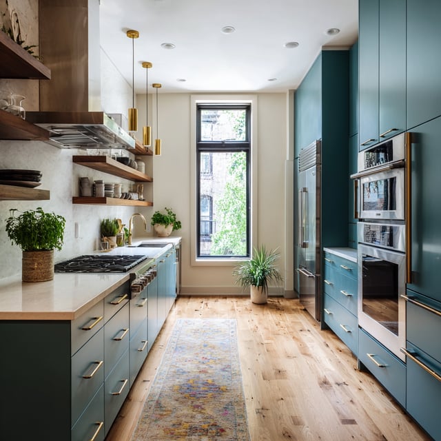 Modern galley kitchen with blue cabinets and wood floors.