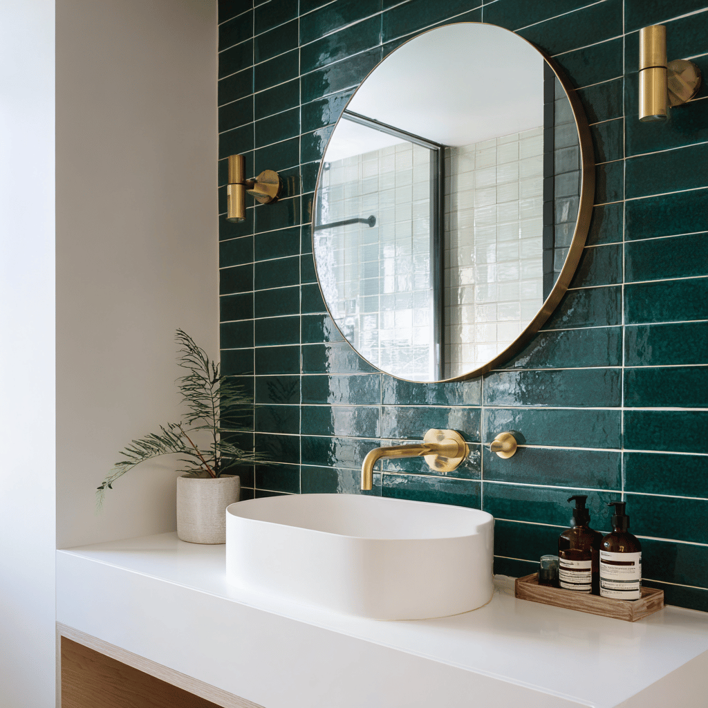 A modern bathroom vanity with a white vessel sink, gold fixtures, a round mirror, and dark green subway tile.