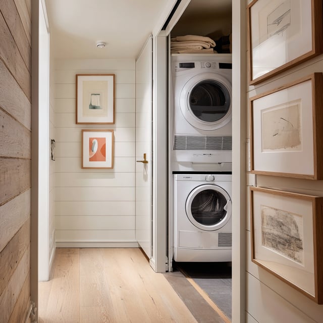 Hallway featuring artwork and a stacked washer and dryer.