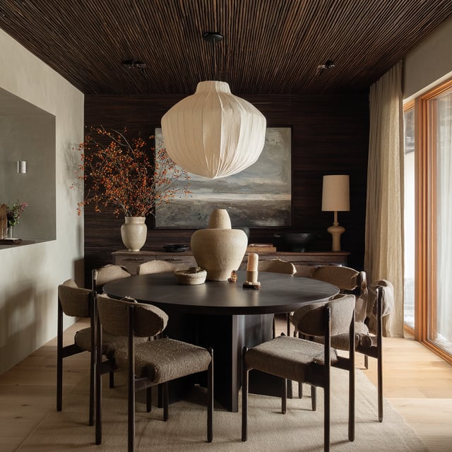 Modern dining room with a round table and textured ceiling.