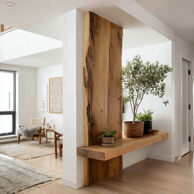 Modern entryway with a rustic live edge wood feature.