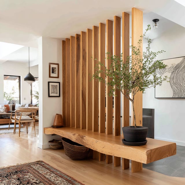 Modern entryway with a wooden slat divider and a bench.