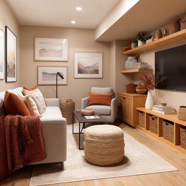 Cozy basement lounge with grey sofa, wood shelves, and TV.