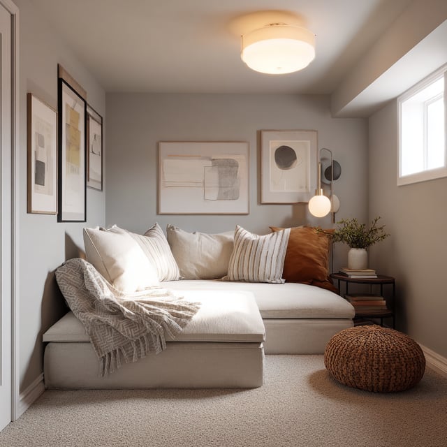 A cozy, modern basement hangout nook designed for relaxation.