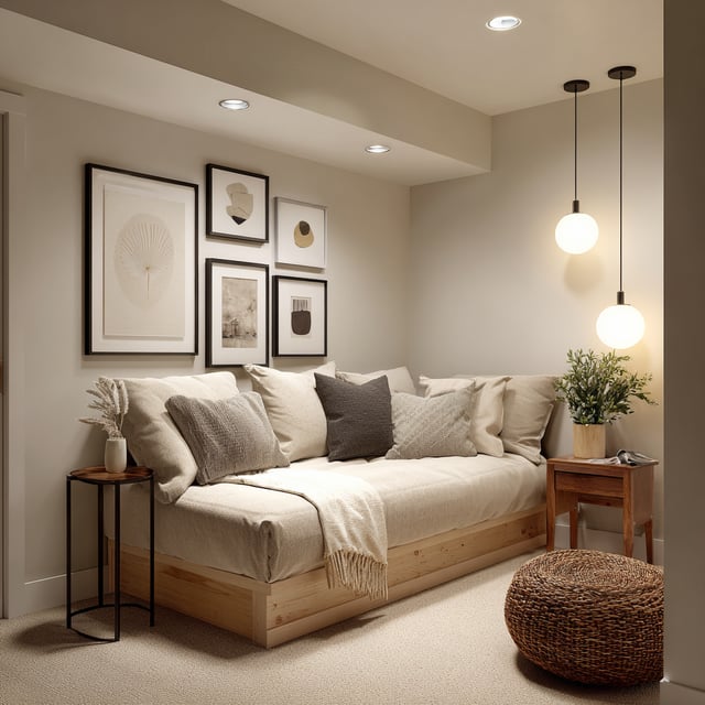 A cozy, modern basement hangout nook designed with a neutral, warm color palette.