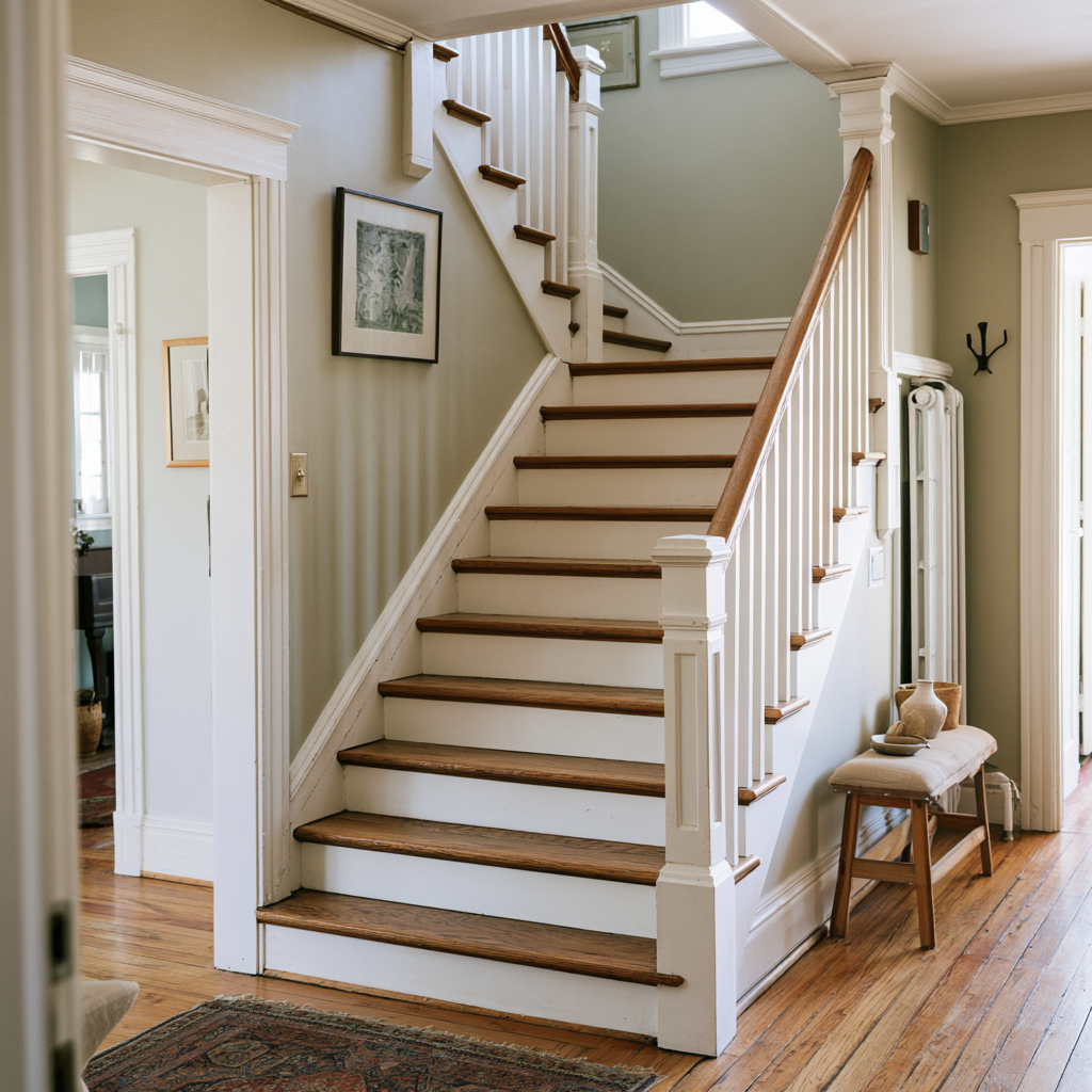 Classic wooden staircase featuring white risers and a small cozy bench.