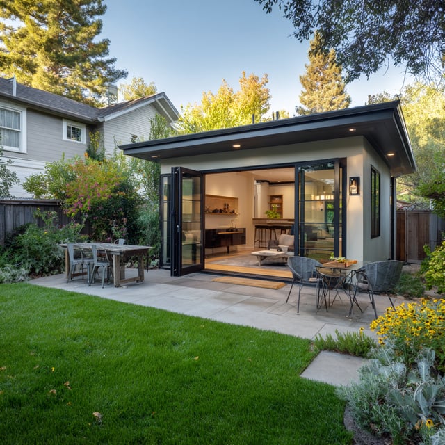 A detached backyard ADU with patio seating and garden.
