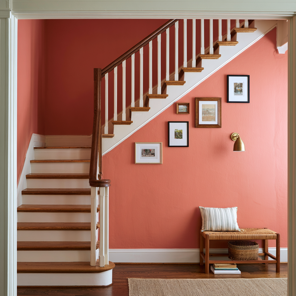 Stairs by a terracotta wall with gallery art and a bench.