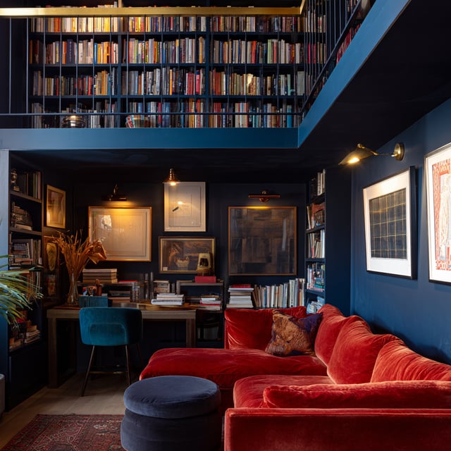 A moody, maximalist mezzanine loft featuring a vibrant red velvet sectional sofa, a built-in desk area, and extensive floor-to-ceiling bookshelves.