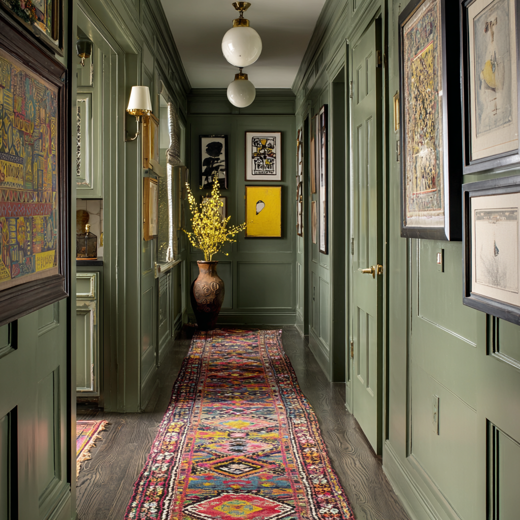 A narrow hallway fully color-drenched in olive green painting.