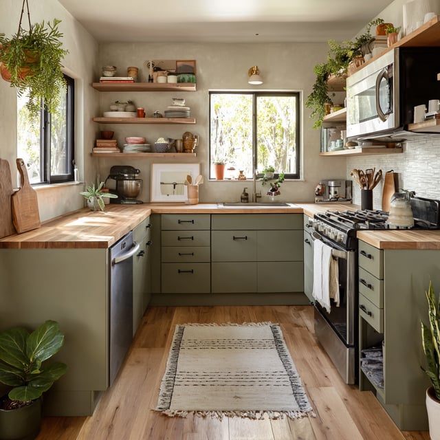 U-shaped kitchen with olive-green cabinets and wooden counters.1