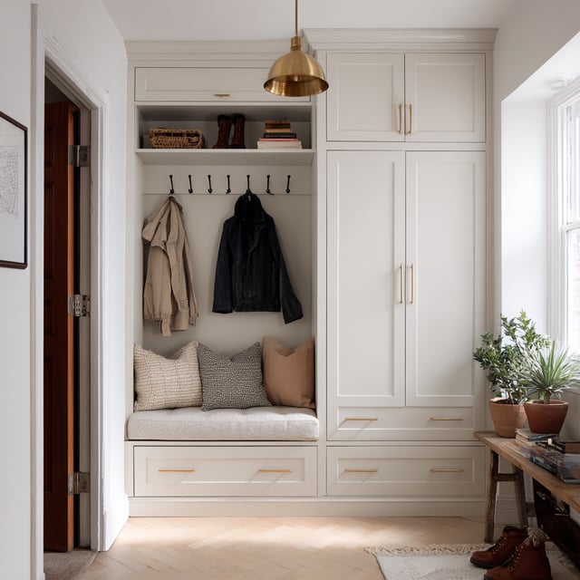 White mudroom built-in bench and cabinets by a window.