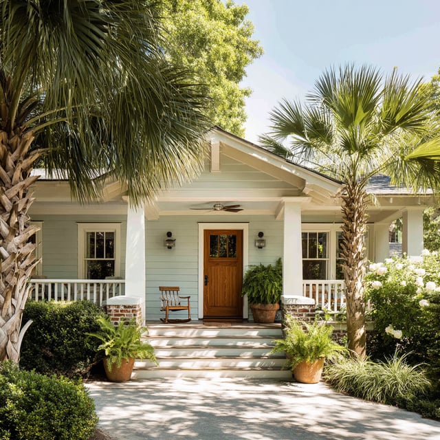 The exterior of a light blue Southern-style home features a covered front porch with white railings, a wooden front door, and a rocking chair, framed by lush green plants and two large palm trees.