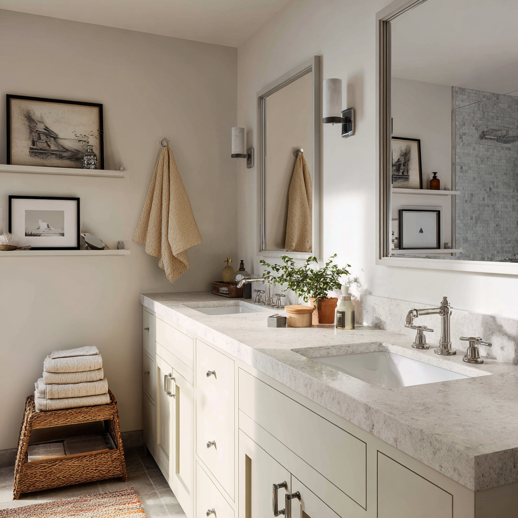 Light gray quartz double vanity with warm, natural accents.